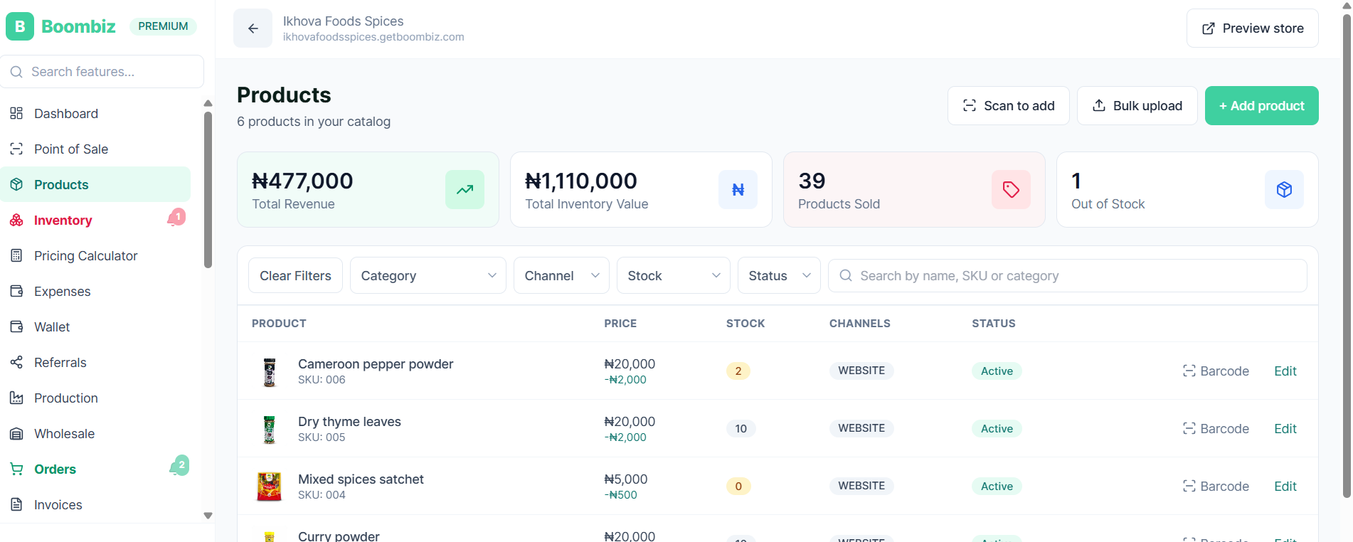Ikhova Foods Spices inventory dashboard on Boombiz